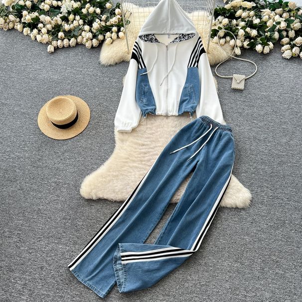 Hong Kong Style Fashion Suit For Women Autumn Loose Casual Contrast Color Stitching Hooded Jacket High Waist Denim Wide Leg Pants Suit_mkmklike.com