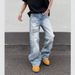 Men's High Street Light Blue Washed Ripped Jeans, Relaxed Straight Leg Baggy Denim Pants With Cleanfit Style_mkmklike.com