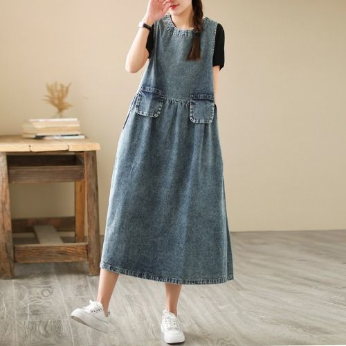 Washed Ground White Sleeveless Denim Dress With Double Pockets Round Neck Vest Skirt, Loose And Belly Covering Long_mkmklike.com