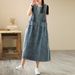 Washed Ground White Sleeveless Denim Dress With Double Pockets Round Neck Vest Skirt, Loose And Belly Covering Long_mkmklike.com