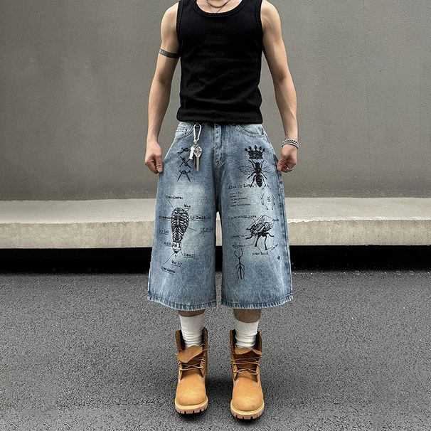 Men's Clothing Washed Insect Graffiti Denim Shorts Loose Straight Casual Cropped Pants_mkmklike.com