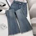 Retro Blue Frayed Flare Jeans High Waist Slimming Petite Elastic Pants for Women Flash Sale_mkmklike.com