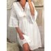 Women's 2023 spring new V-neck hollow lace bell sleeve dress_mkmklike.com