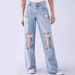 Distressed Denim Jeans Oversized Ripped Patchwork Lace-Up Pants ( Cotton Blend, Vintage Wash, Streetwear & Boho Chic, Plus Size Friendly)_mkmklike.com