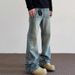 Men's Trendy Cleanfit Street Style Whiskered Bamboo Texture Distressed Jeans Straight Leg Slightly Flared Vibe Pants American High Street_mkmklike.com