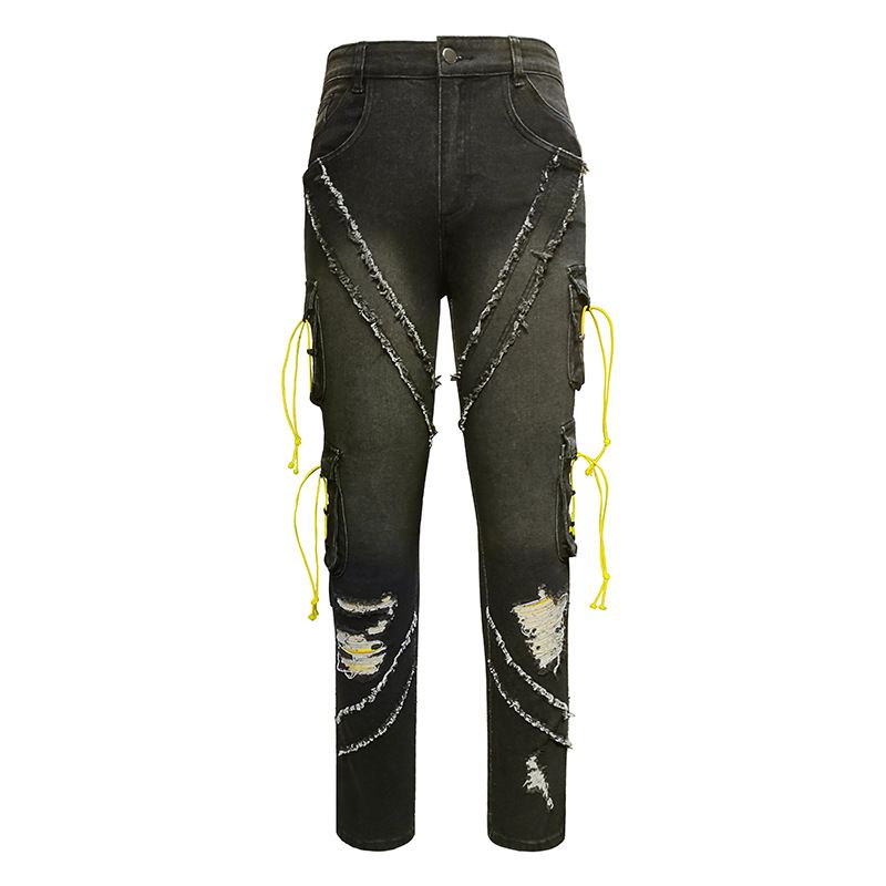 Men's Clothing Men's Cargo Drawstring Jeans - Slim Fit Utility Denim Pants With Multi-Pockets (Black, S-40)_mkmklike.com