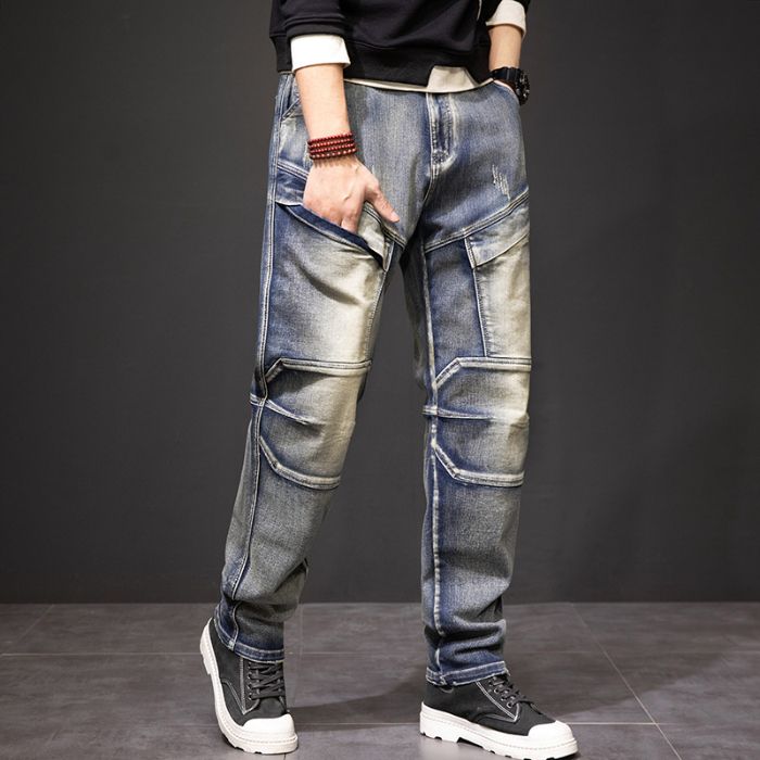 Nostalgic Heavy Industry Washed Multi Pocket Jeans For Men's High Street Outdoor Straight Leg Slimming Pants, Youthful And Vibrant Casual Jeans_mkmklike.com