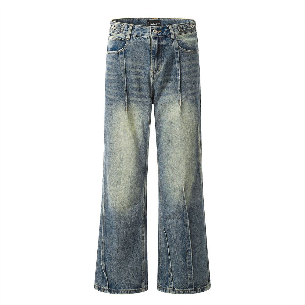 Washed Denim Flared Jeans For Men, Hippie Trend, Back Pocket Design, Pleated Cuff, Wide-Leg Pants_mkmklike.com