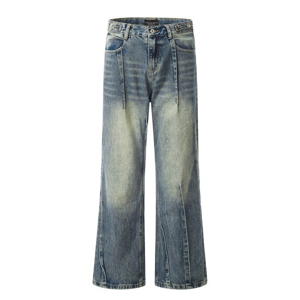 Washed Denim Flared Jeans For Men, Hippie Trend, Back Pocket Design, Pleated Cuff, Wide-Leg Pants_mkmklike.com