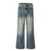Washed Denim Flared Jeans For Men, Hippie Trend, Back Pocket Design, Pleated Cuff, Wide-Leg Pants_mkmklike.com