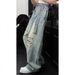 Men's Light Blue Distressed Denim Jeans With Deconstructed Pleats, Loose Fit Wide Leg Cargo Pants For Street Style_mkmklike.com