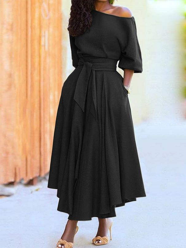 oblique shoulder neck tie waist temperament solid color dress_mkmklike.com
