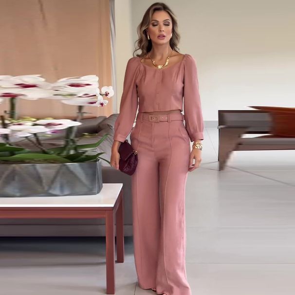 Women's Clothing summer new solid color retro square collar short top temperament commuter trousers suit_mkmklike.com