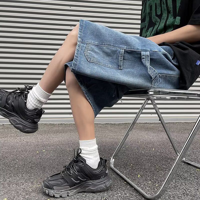 2025 2025 Fashionable Loose Sitting Straight Leg Denim Shorts Simple Solid Color Casual Versatile Men's Five-Dot Pants_mkmklike.com