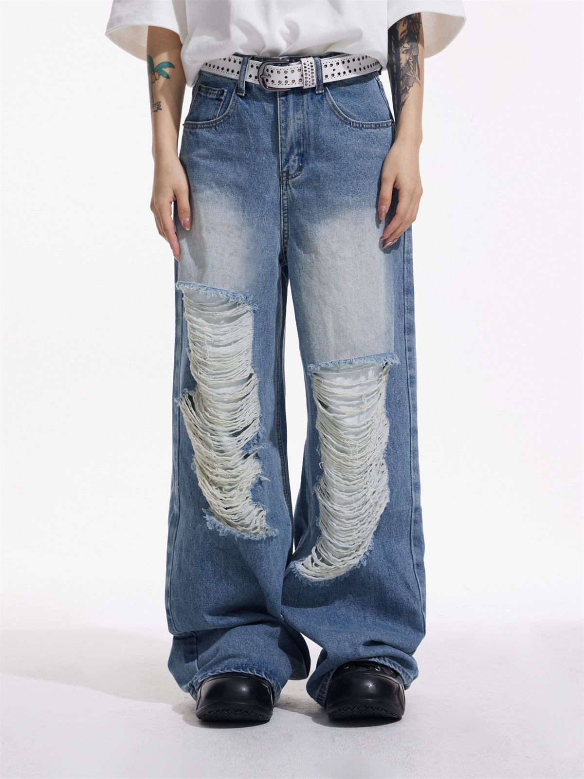 Men's Grunge Raw-Hem Distressed Jeans | Urban Loose Fit | Light Blue & Black | S-XXXL_mkmklike.com