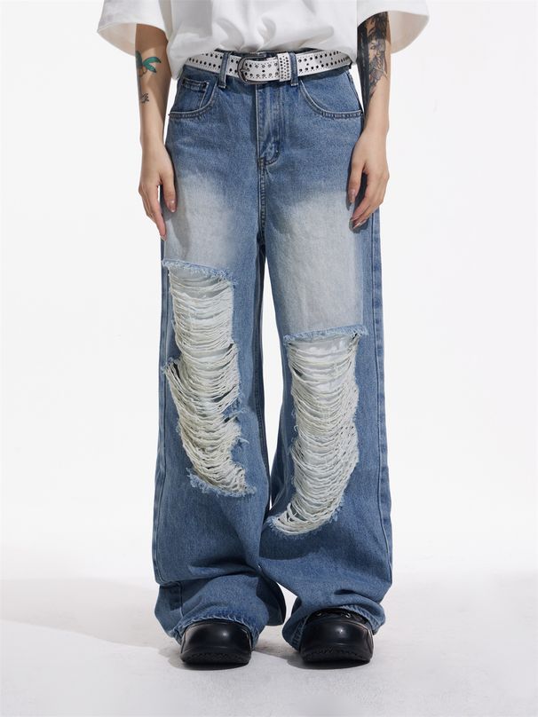 Men's Grunge Raw-Hem Distressed Jeans | Urban Loose Fit | Light Blue & Black | S-XXXL_mkmklike.com