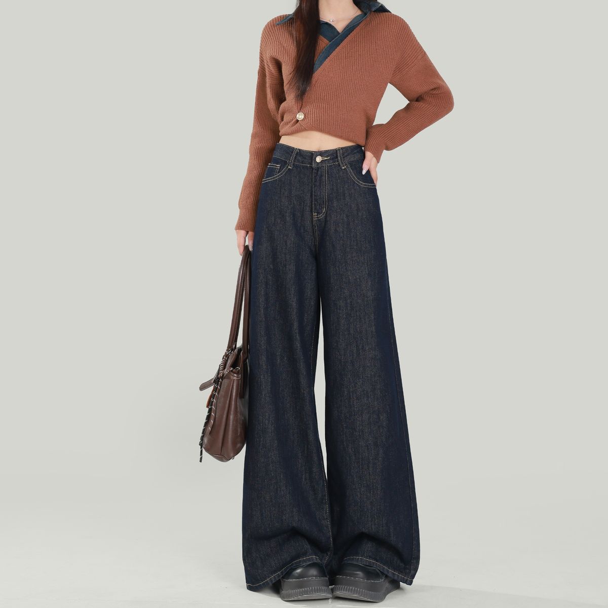 Denim Blue Wide-leg Jeans For Women, 2025 Autumn And Winter New Style, High-waisted, Loose, Slimming, Petite,_mkmklike.com