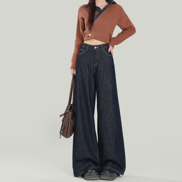 Denim Blue Wide-leg Jeans For Women, 2025 Autumn And Winter New Style, High-waisted, Loose, Slimming, Petite,_mkmklike.com