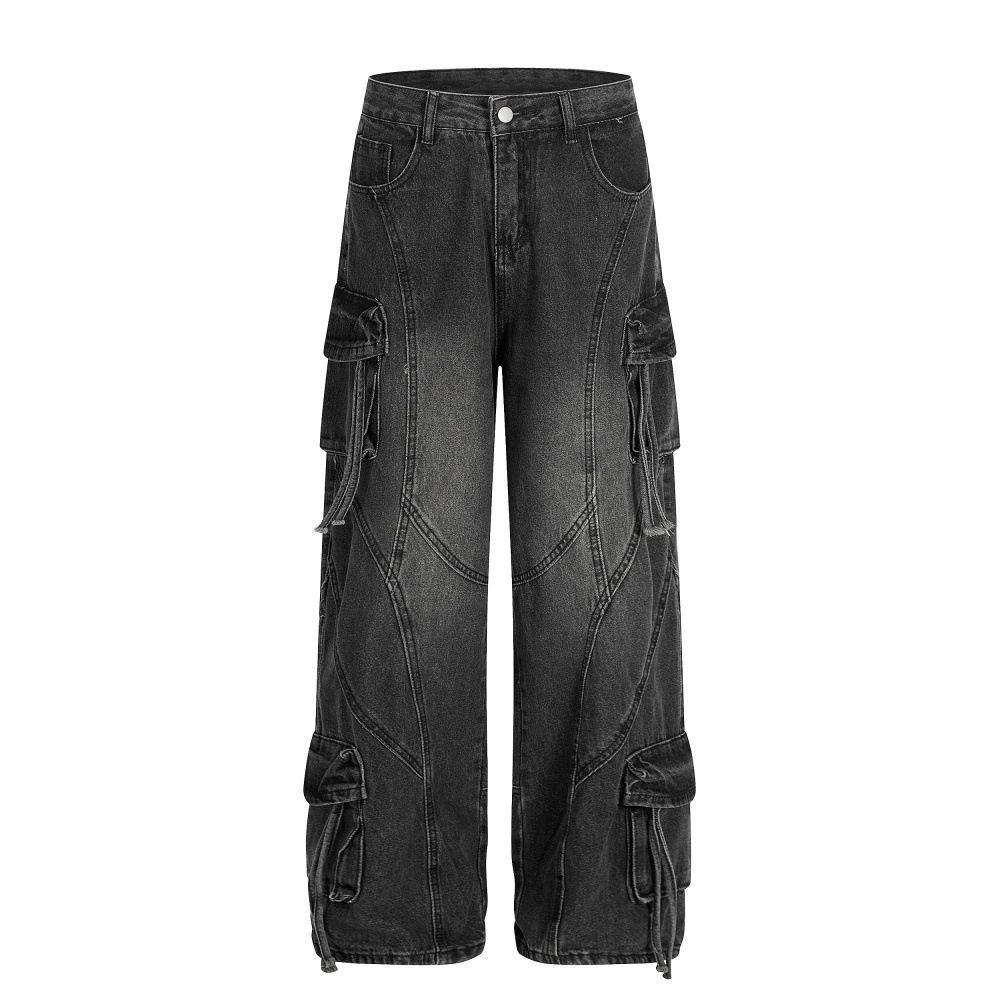 Multi-Pocket Cargo Jeans For Men Punk Heavy-Duty Distressed Washed Three-Dimensional Deconstructed Wide-Leg Straight_mkmklike.com
