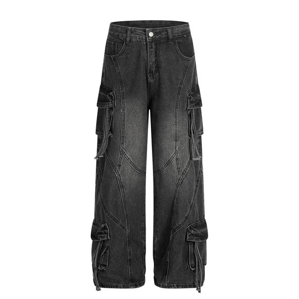 Multi-Pocket Cargo Jeans For Men Punk Heavy-Duty Distressed Washed Three-Dimensional Deconstructed Wide-Leg Straight_mkmklike.com