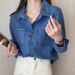 Vintage Hong Kong Style Denim Shirt For Women - Retro Blue Oversized Button Down Shirt With Classic Collar, Casual & Office Wear_mkmklike.com