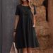Women's clothing women's retro cotton and linen loose pocket solid color round neck dress in stock_mkmklike.com