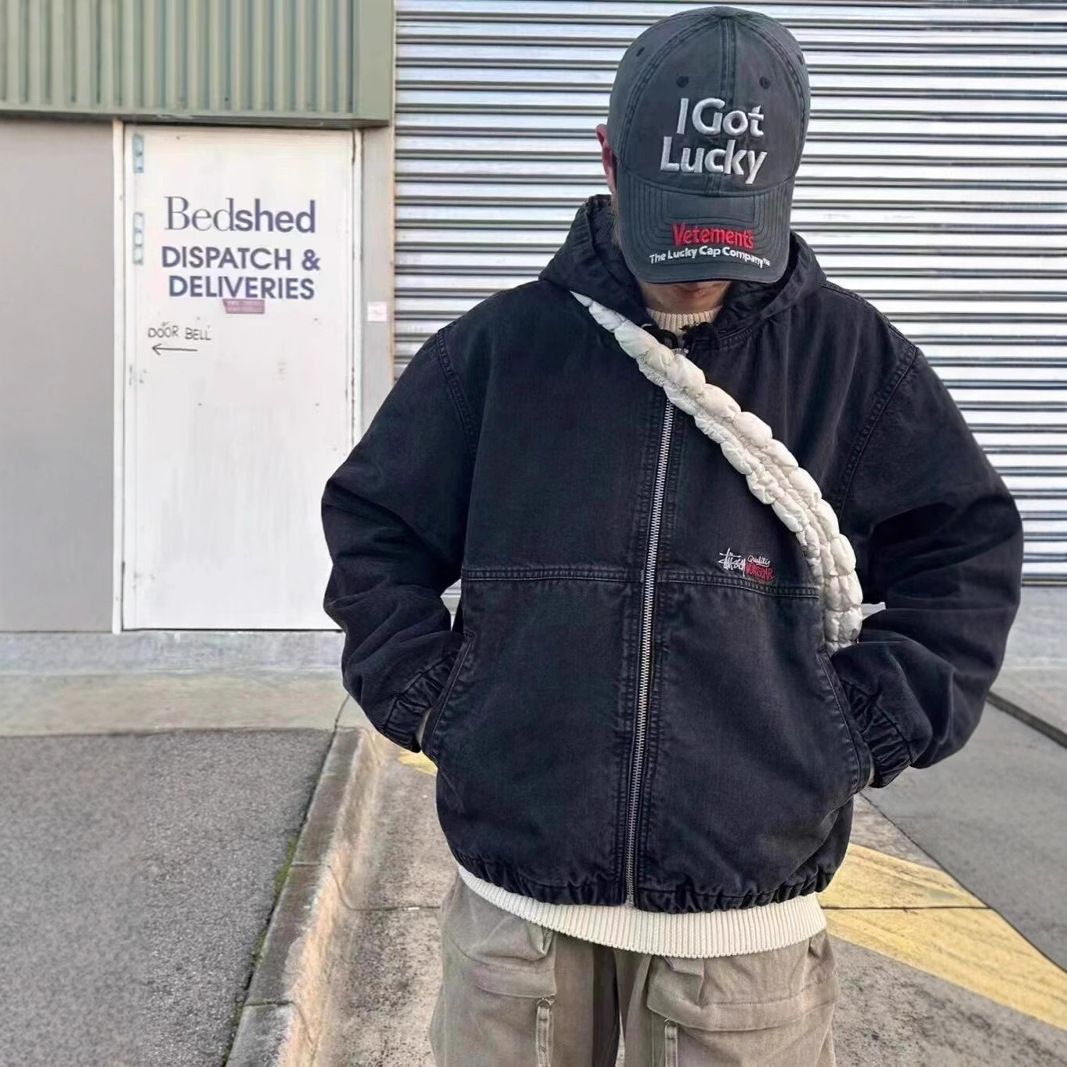 Cross-Border New Stu 24Fw Washed Vintage Letter Embroidery Logo Jacket Zipper Cotton Coat Couple_mkmklike.com