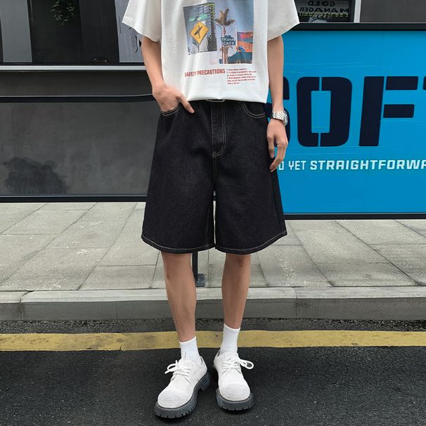Summer New Denim Raw Color Men's Loose Straight Mid-length Casual Wide-leg Quarter-length Shorts_mkmklike.com