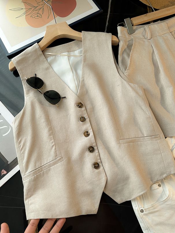 Women's Clothing Retro temperament V neck linen blended sleeveless vest vest high waist casual shorts _mkmklike.com