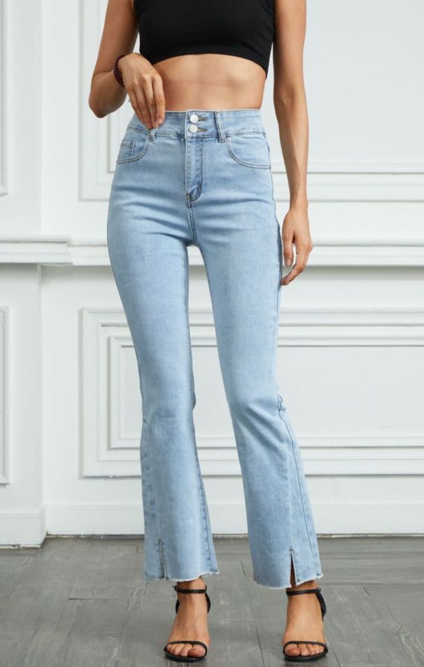 Vintage Washed High-Rise Flared Jeans Stretch Denim Pants For Women ( 80% Cotton, Retro 70s Style, Comfortable Mid Waist, Distressed Hem)_mkmklike.com