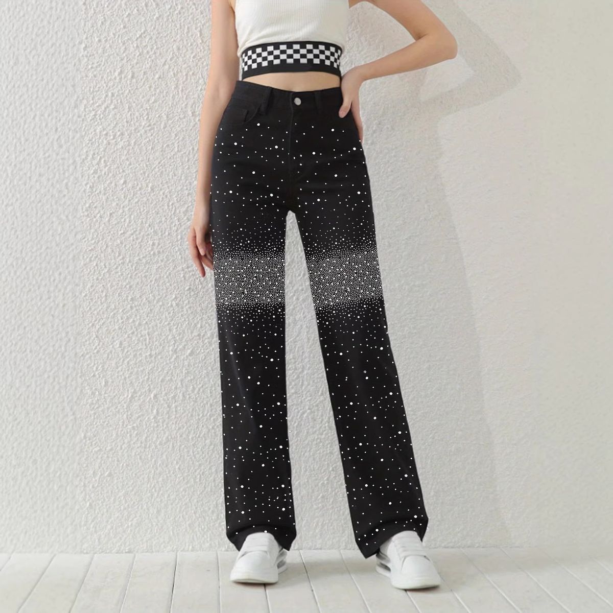Women's Slimming Straight Leg Denim Jeans American Style Rhinestone Embellished Sexy Casual Fit_mkmklike.com