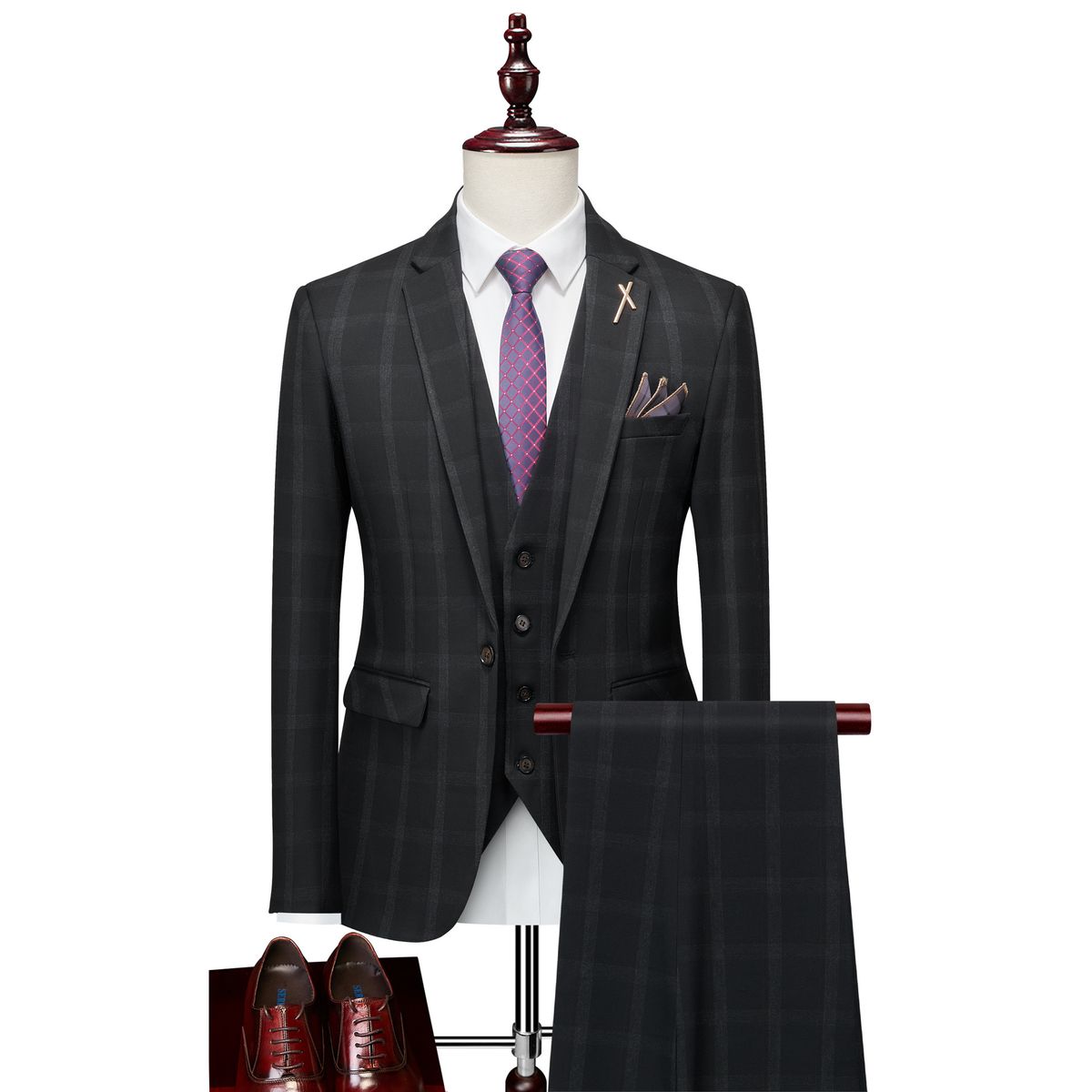 Men's clothing Plaid Three-piece Suit Suit Men's Casual Suit Groom's Groomsmen's Dress_mkmklike.com