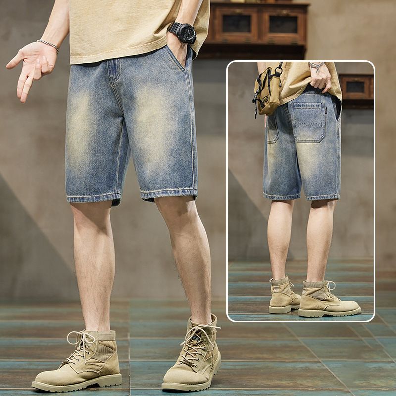 Men's Vintage Workwear Denim Shorts, Summer Lightweight Relaxed Fit Straight Leg Cargo Shorts 5-Pocket Design_mkmklike.com
