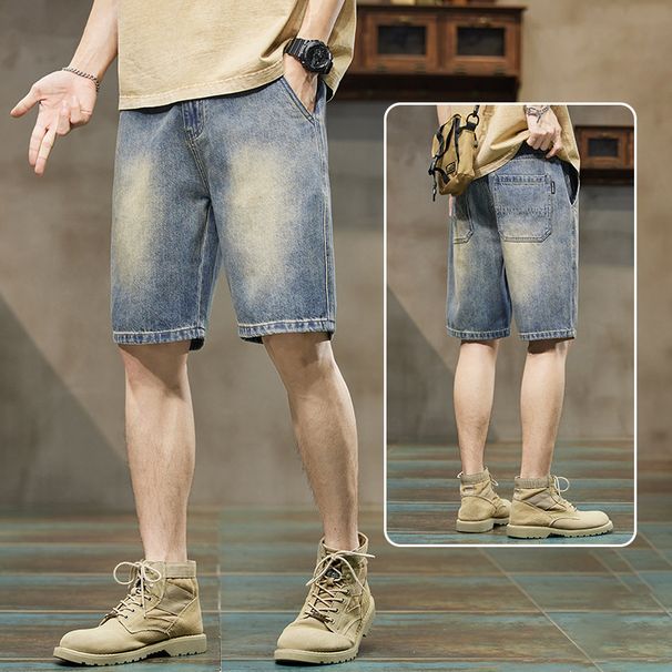 Men's Vintage Workwear Denim Shorts, Summer Lightweight Relaxed Fit Straight Leg Cargo Shorts 5-Pocket Design_mkmklike.com