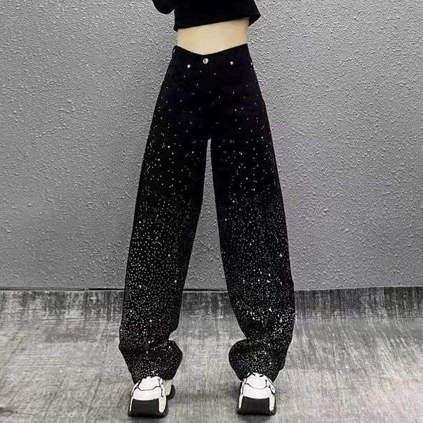 Women's Clothing High-Waisted Slimming Rhinestone Jeans Wide Leg Floor-Length Pants Loose Fit Versatile Straight Leg For Women Spring/Autumn_mkmklike.com