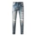 Men's Retro Distressed Washed Blue Jeans Street Style Leather Patchwork Hip Hop Tight Stretch Skinny Fit_mkmklike.com