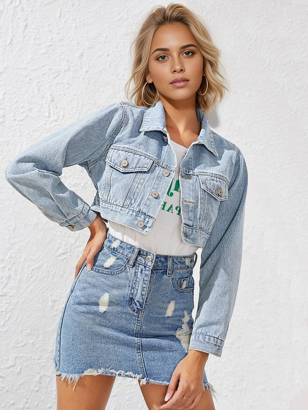 Women's Casual Denim Jacket - Oversized Lightweight Cropped Coat With Long Sleeves & Turn-Down Collar_mkmklike.com