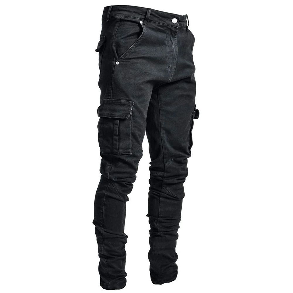 Straße Elastische Jeans Männer Denim Cargo Hosen Waschen Einfarbig Multi Taschen Casual Mittlere Taille Hose Slim Fit Täglichen Tragen Jogger_mkmklike.com