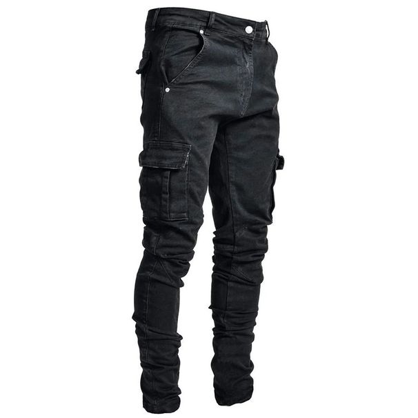 Straße Elastische Jeans Männer Denim Cargo Hosen Waschen Einfarbig Multi Taschen Casual Mittlere Taille Hose Slim Fit Täglichen Tragen Jogger_mkmklike.com