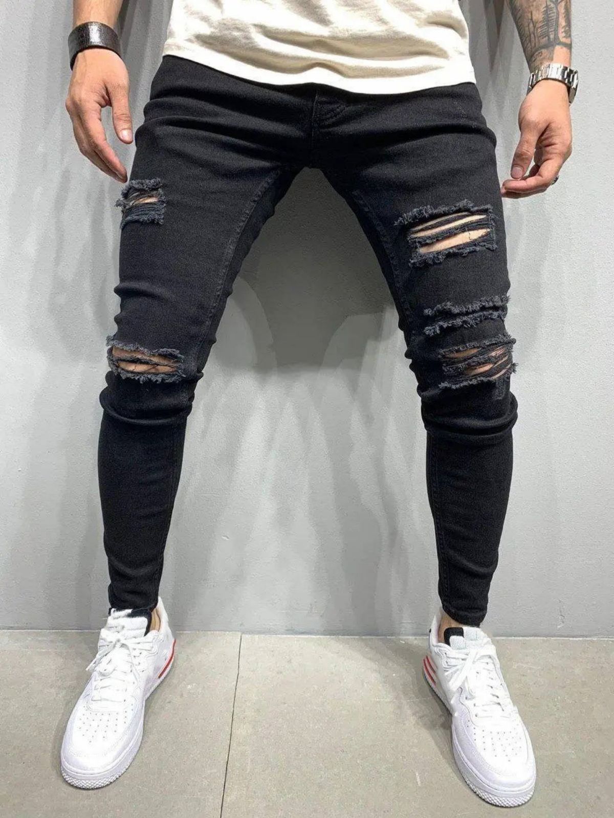 Men's Slim Fit Stretch Denim Jeans With Distressed Wash & High Street Style_mkmklike.com