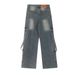 Multi-Pocket Cargo Jeans For Men, High Street Style, Trendy Design With Ribbon Decoration, Loose Washed Straight-Leg_mkmklike.com