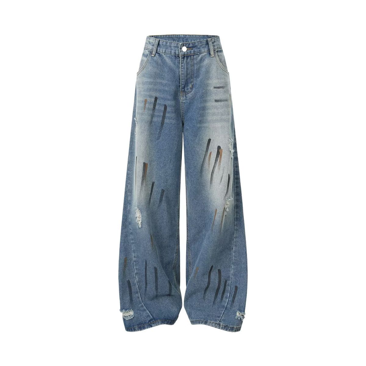 Men's Casual Retro Graffiti Wide Leg Jeans Loose Straight Leg Curved Trousers Trendy Brand Spring New Style_mkmklike.com