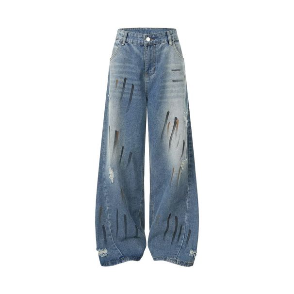 Men's Casual Retro Graffiti Wide Leg Jeans Loose Straight Leg Curved Trousers Trendy Brand Spring New Style_mkmklike.com