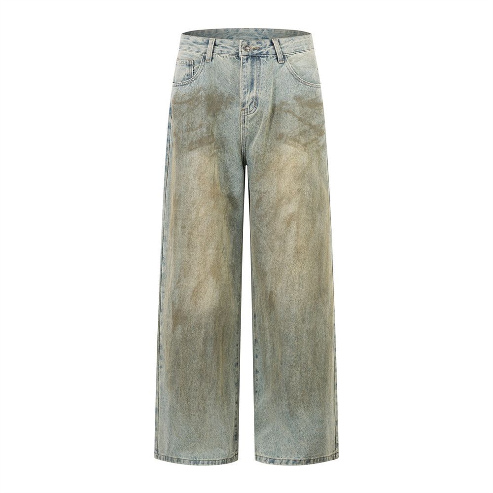 Post-apocalyptic Style Vintage Dirty Jeans For Men, Trendy Brand, Niche Loose Wide-leg Washed Faded Straight Long Pants_mkmklike.com