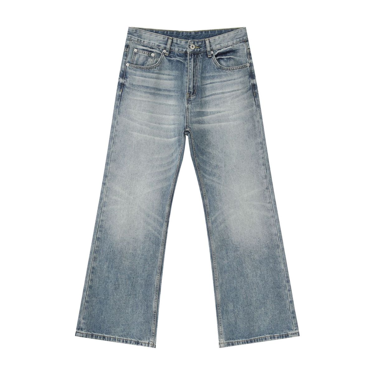 Nirben American High Street Style Whiskered Washed Jeans Flared Loose Straight Leg Pants mid Waist Long Non-Stretch Blue_mkmklike.com