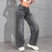 High Street Bow Embroidered Wide Leg Jeans For Women - Cotton Blend Straight Denim Pants With Vintage Wash, Streetwear Chic, Dark Grey_mkmklike.com