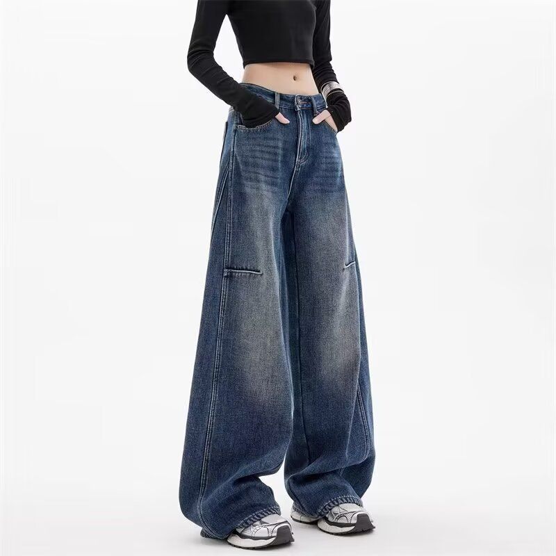 "Women's Vintage Wide-Leg Jeans – 90s Retro High-Waisted Distressed Denim With Raw Hem, Oversized Streetwear Fit, Unisex Aesthetic"_mkmklike.com