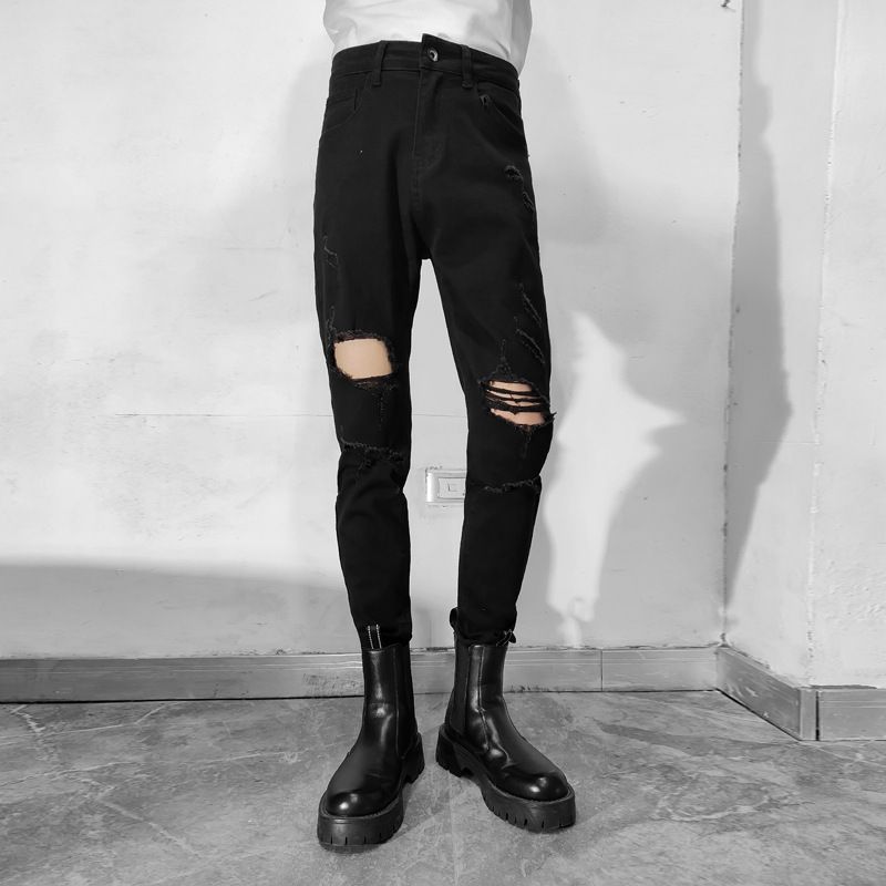 Men's Clothing Spring And Summer New High Street Hole Jeans Men's Pants Slim Small Straight Black Beggar White Hip Hop Pants_mkmklike.com