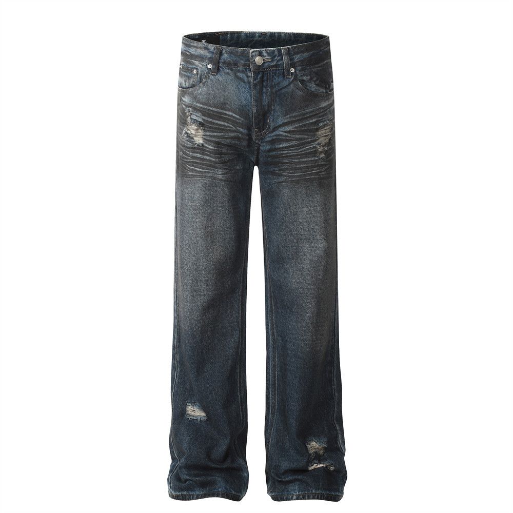 American Style Ripped Jeans Men's High Washed Vintage Design Street Fashion Hip Hop Loose Straight Long Pants_mkmklike.com