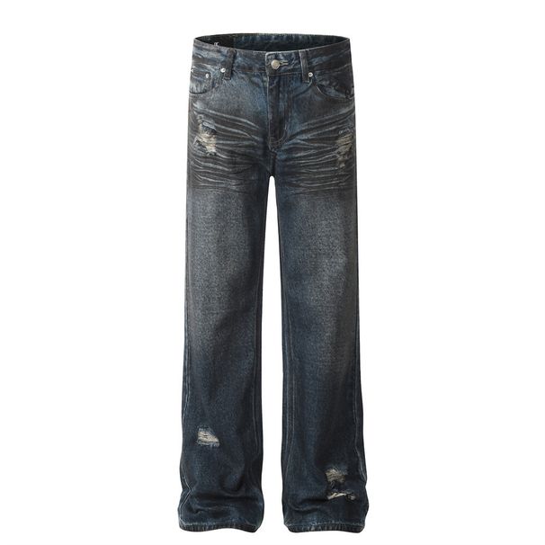 American Style Ripped Jeans Men's High Washed Vintage Design Street Fashion Hip Hop Loose Straight Long Pants_mkmklike.com